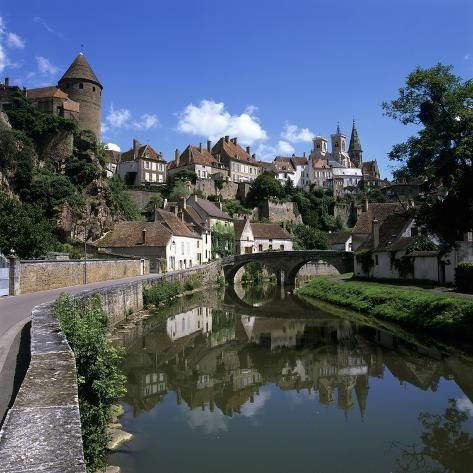 size: 16x16in Photographic Print: View of Town on Armancon River, Semur En Auxois, Burgundy, France, Europe by Stuart Black : Black Posters, Burgundy France, Scenic Photography, Scenic Art, Beautiful Castles, Beach Landscape, Beautiful Architecture, Beautiful Buildings, Countries Of The World