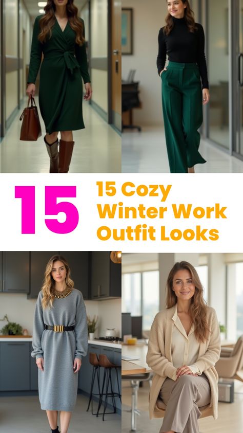 15 Cozy Winter Work Outfit Looks Cute Comfy Work Outfits Winter, Cold Weather Office Outfits Business Casual, Work Snow Day Outfit, Outfit Ideas Winter Work Business Casual, Comfy Office Outfit Winter, Cozy Formal Outfit, Semi Dressy Outfits Winter, Work Outfits Women Winter 2024, Snow Day Work Outfit Office