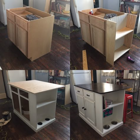 Unfinished base cabinet to kitchen island. #diykitchenisland #ineedmorespace Kitchen Cabinet Island On Wheels, Kitchen Island With Storage And Seating Modern, Stock Cabinet Island Diy, Kitchen Island Ideas No Seating, Kitchen Islands Ideas With Seating Diy, Make Island Out Of Cabinets, Diy Island With Table Attached, End Of Island Shelves, Diy Kitchen Island With Wheels