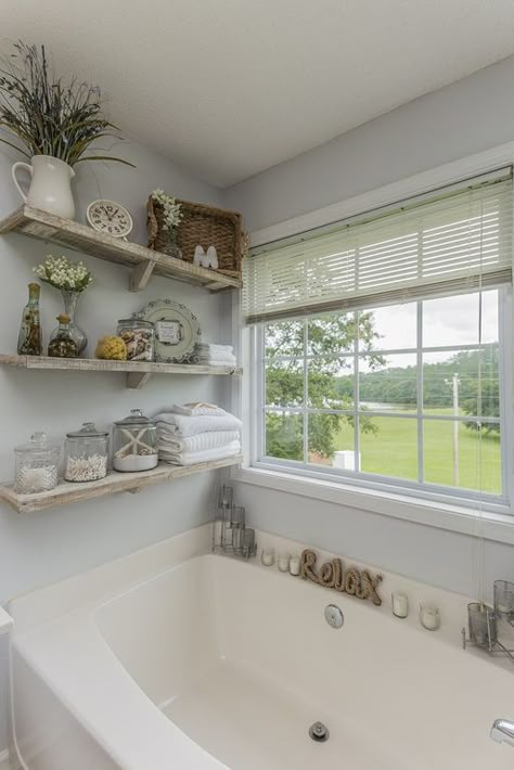 Shelves Around Bathtub, Farmhouse Soaker Tub Decor, Sunken Tub Decor Ideas, Above Bath Shelves, Built In Tub Decor, Bathroom Shelves Behind Tub, Bathtub Shelving Ideas, Big Bathtub Decor Ideas, Around The Bathtub Decor Ideas