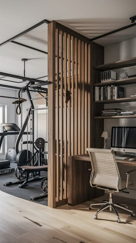 Home Gym Partition Wall, Game Room And Gym Combo, Office Peloton Room, Office With Yoga Space, Home Gym In Sunroom, Home Gym And Living Room Combo, Garage Office And Gym Ideas, Laundry Room Gym Combo, Gym Spare Bedroom