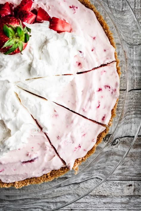 No-Bake Strawberry Cream Pie - Buckets of Yum Strawberry Ice Box Pie, Frozen Strawberry Pie, Strawberry Pie No Jello, Strawberry Pie With Frozen Strawberries, Strawberry Creme Pie, Strawberry Ice Cream Pie, Strawberry Cream Cheese Pie No Bake, Strawberry Icebox Pie, Strawberries And Cream Pie