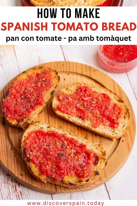 This Spanish tomato bread or pan con tomate is a humble yet flavourful Catalan dish made with simple ingredients. Lightly toasted bread is combined with fresh and juicy tomatoes, fragrant garlic, fruity olive oil and a sprinkle of sea salt. Its fresh ingredients and bold flavours make it a delicious and easy addition to any meal.
Locally known as pa amb tomàquet, pan tumaca, or pantumaca, the name translates directly to ‘bread with tomato’. Learn how to make pan con tomate. Spanish Tomato Bread, Spanish Soup, Spanish Bread, Tomato Bread, Country Bread, Tapas Dishes, Spanish Recipes, Toasted Bread, Spanish Tapas