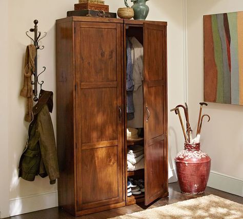 Pottery Barn  Olivia Wall Mounter Locker Tower. Keep the entryway organized with this space-saving tower. Sturdy shelves and hooks inside provide a tidy home for coats, bags and other essential gear. The tower’s doors can be adjusted to open from the left or right for an ideal fit. #Sponsored #PotteryBarn Entryway Armoire, Coat Closet Ideas, Pottery Barn Furniture, Painting Wooden Furniture, Coat Closet, Entry Way Design, Entryway Storage, Entryway Organization, Tuscan Decorating