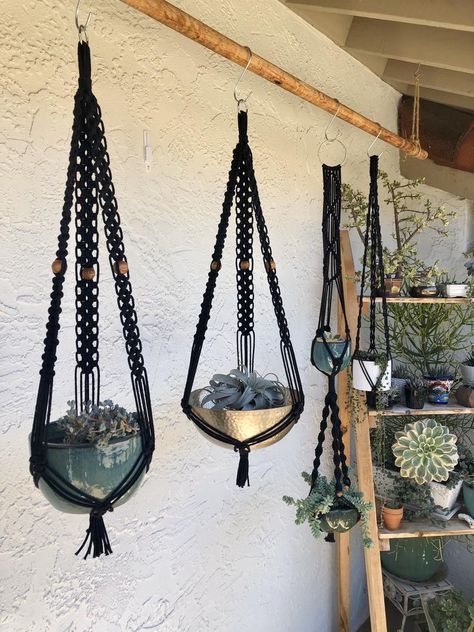 Macrame Black, Black Hanging Planter, Black Macrame Plant Hanger, Black Plant Hanger, Ceiling Plant Hanger Macrame, Macrame Plant Hanger Black, Crochet Plant Hanger, Hanging Planters Indoor, Black Macrame