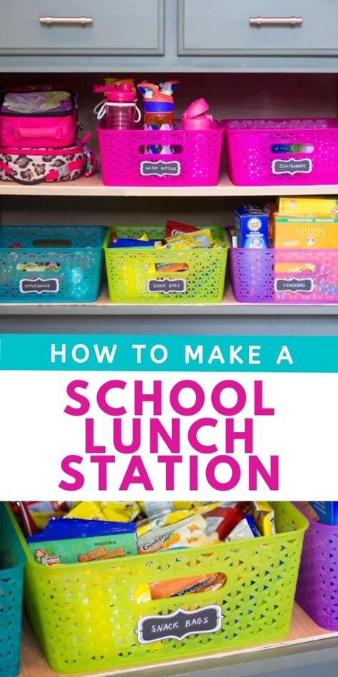 Dedicate a cabinet to be a school lunch station with bins to empower kids to make their own lunches! School Lunch Station, Lunch Box Station, School Lunch Organization, Healthy Morning Snacks, Lunch Packing Station, Lunch Station, Lunch Hacks, Snack Bin, Teacher Lunches