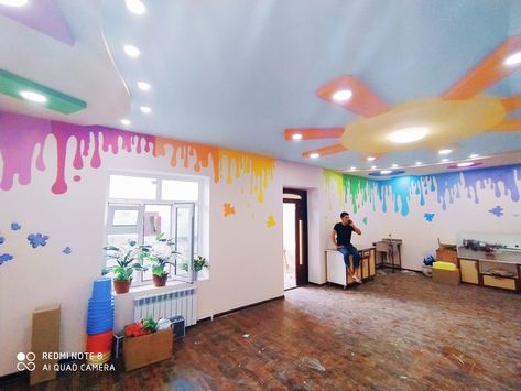 Art Class Wall Painting, Covering Classroom Walls, Art Room Wall Painting, Funky Wall Paint, Funky Wall Paint Ideas, Classroom Walls Paint, Art Class For Kids, Kids Church Rooms, Art Wall Mural