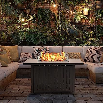 Greesum 43 Inch Outdoor Gas Fire Pit Table, 50,000 BTU Steel Propane Firepit with Wind Guard and Blue Glass Rock, Add Warmth and Ambience to Parties On Patio Garden Backyard, Black Backyard Ambiance, Ultimate Backyard, Outdoor Fire Pit Table, Propane Fire Pit Table, Boho Outdoor, Glass Rocks, Gas Fire Pit Table, Gas Fire Pit, Propane Fire Pit