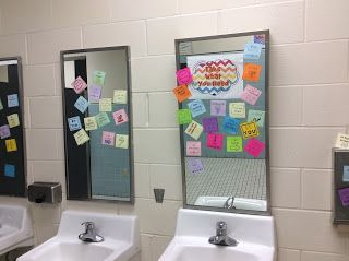 Post positive notes in the bathroom for morale booster: Great idea for a school club! Middle School Counselor, Teacher Morale, Morale Boosters, High School Counseling, Middle School Counseling, Staff Morale, School Improvement, School Bathroom, School Culture