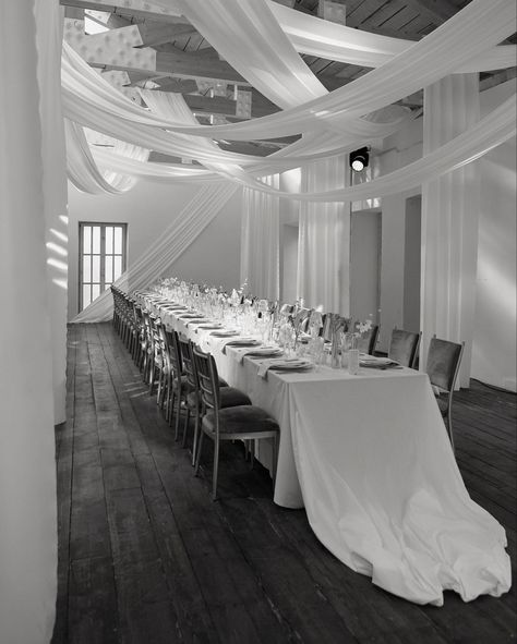 Wedding Ceiling Decorations, Make A Closet, Wedding Ceiling, Dream Wedding Decorations, White Drapes, Indoor Reception, Wedding Reception Inspiration, Wedding Hall, Venue Decor