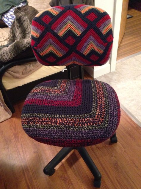 My crocheted covered office chair! Knitted Chair Cover, Crochet Desk Chair Cover, Crochet Office Chair Cover, Crochet Chair Cover, Crochet Sofa Cover, Desk Chair Covers, Crochet Furniture, Crochet Pouf, Chair Back Covers