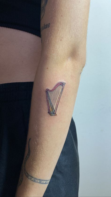 Simple Harp Tattoo, Irish Harp Tattoo, Harp Tattoo, Victorian Tattoo, Real Tattoos, Tattoo Placements, Irish Harp, Irish Tattoos, Delicate Tattoo