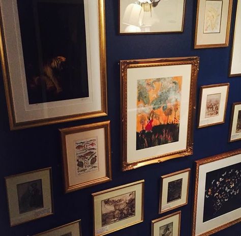 Gallery Wall On Navy Blue Wall, Blue Wall With Frames, Navy Photo Wall, Blue And Gold Gallery Wall, Navy Blue Gallery Wall, Clue Mansion, Navy Blue Hallway, Gallery Frame Wall, Gallery Wall Colors