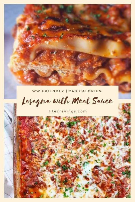 Lasagna with Meat Sauce | Lite Cravings | WW Recipes Lite Cravings Recipes, Ww Italian Recipes, Low Calorie Lasagna Recipe, Ww Lasagna Recipe, Skinnytaste Lasagna, Low Fat Lasagna Recipe, Ww Lasagna, Ww Lunches, Healthy List