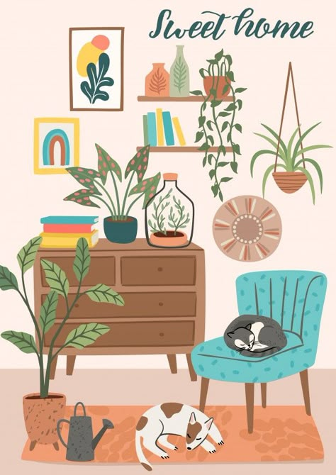 Cozy Illustration, Illustration Interior, Home Cozy, Interior Illustration, Illustration Art Girl, 수채화 그림, Business People, Plant Illustration, Cozy Room