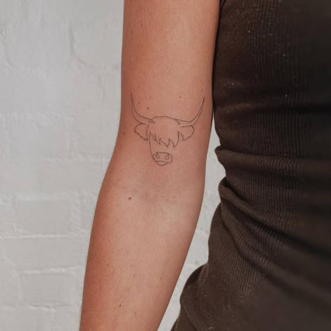 Shaggy Cow Tattoo, Highland Cow Fine Line Tattoo, Tiny Highland Cow Tattoo, High Land Cow Tattoo, Southern Inspired Tattoos, Single Line Cow Tattoo, Brown Cow Tattoo, Minimalistic Cow Tattoo, Small Cow Tattoo For Women