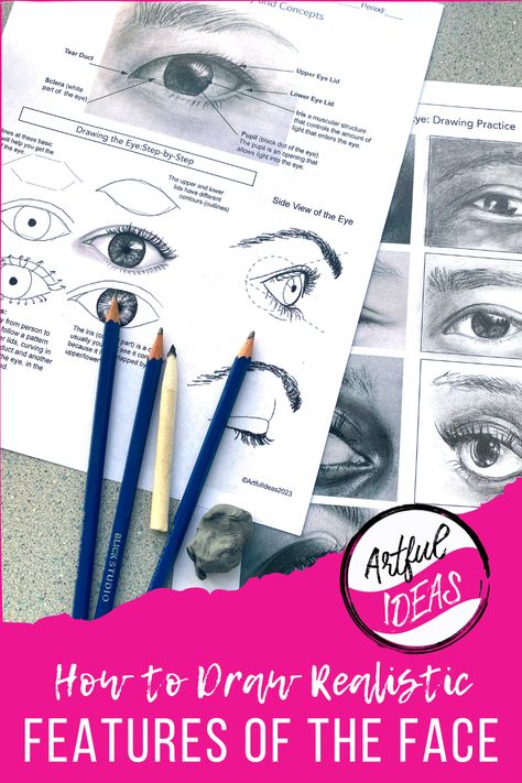 Face Drawing Guide, Draw Facial Features, Beginning Art, Practice Drawing Faces, Parts Of The Eye, Contour Drawing, Drawing Exercises, High School Art, Facial Features