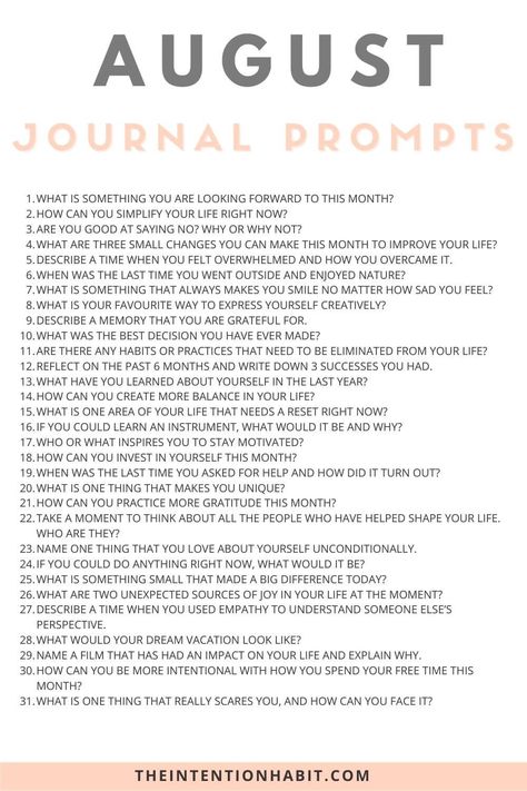 31 Daily August Journal Prompts For Gratitude, Reflection & Discovery 2 August Daily Journal Prompts, August 2024 Journal Prompts, Goals For August 2024, Journal For August, August Prompts 2024, August Goals List, August Writing Prompts, Adult Journaling Prompts, August Self Care