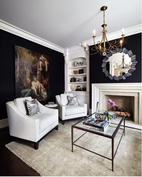 Living Room With Black Fireplace, White Interior Design Living Room, Black Curtains Living Room, Black And White Interiors, Black And White Living Room Decor, Dark Brown Furniture, Black Painted Walls, White Living Room Decor, Black And White Living Room