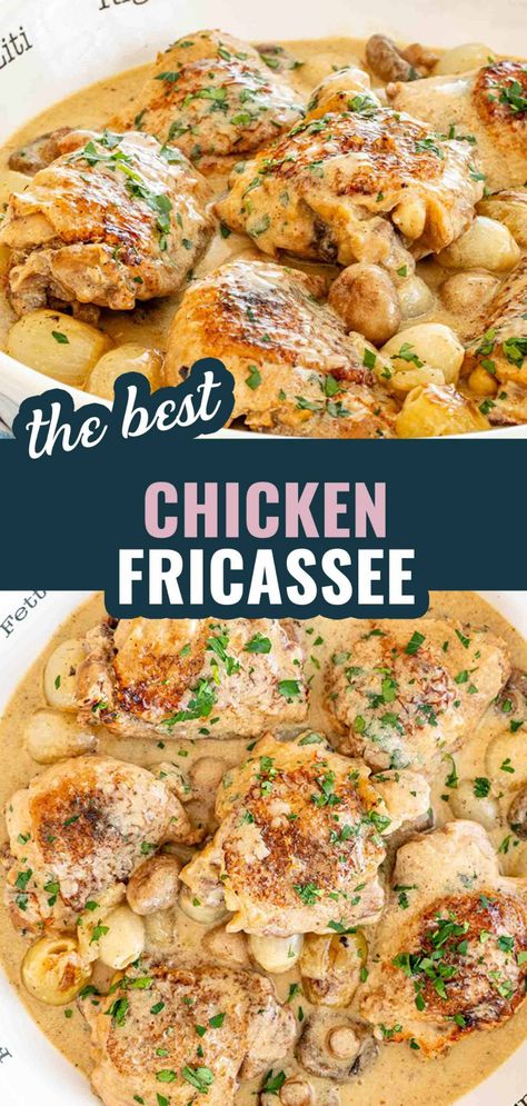 This Chicken Fricassee recipe is an easy and hearty weeknight meal. This comforting stew is loaded with pearl onions, mushrooms, sausage, and chicken, I guarantee you'll be craving seconds! #chicken #chickenfricassee Chicken Fricassee Recipe, Chicken And Sausage Recipes, Chicken Fricasse Recipe, Chicken Thigh Stew, Chicken Francaise Recipe, Special Occasion Meals, Fall Casseroles, Shrimp Enchiladas, Chicken Fricassee