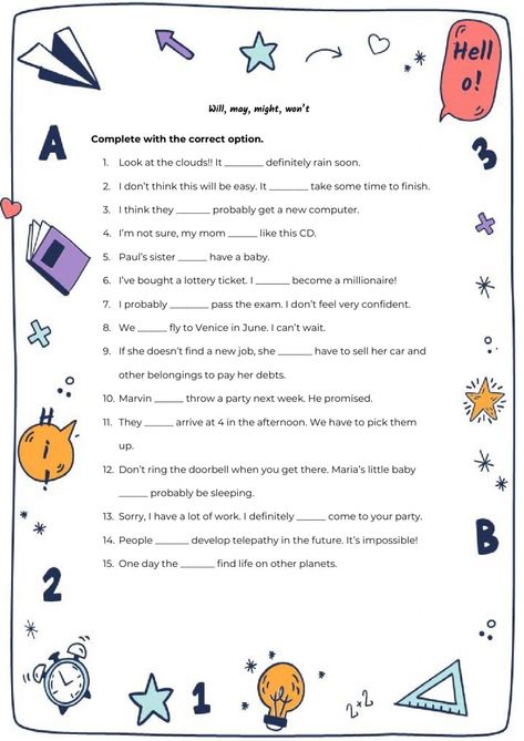 Will, may, might, won’t worksheet May Might Worksheet, Might Worksheet, T Worksheet, Longest Word In English, English Activity, Modal Verbs, English Teaching Materials, Explanation Text, Grammar Exercises