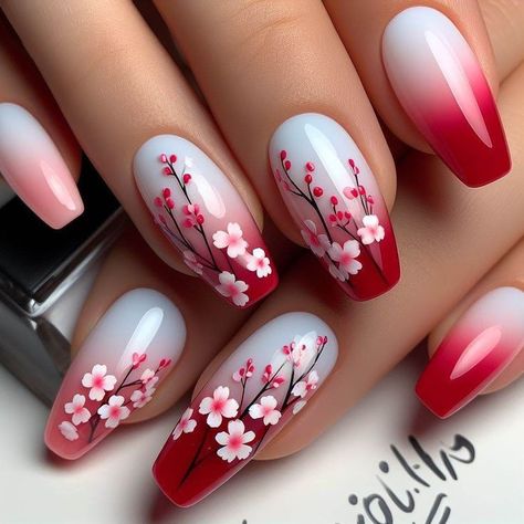 Japanese Cherry Blossom Acrylic Nails, Japanese Cherry Blossom Nails, Sakura Nail Art, Nail Art Fleur, Cherry Blossom Nails Art, Blossom Nails, Beach Nail Designs, Cherry Blossom Nails, Gel Nail Art Designs