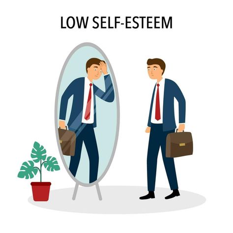 Standing In Front Of Mirror, In Front Of Mirror, Low Self Confidence, Low Self Esteem, Flat Design, Self Confidence, Self Esteem, Business Man, Vector Art