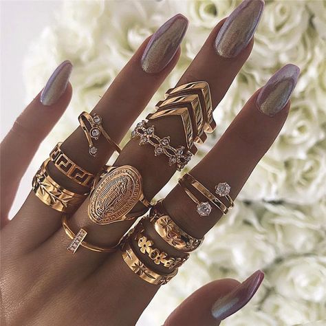 Midi Ring Set, Ring Model, Wedding Bride Jewelry, Vintage Gold Rings, Boho Crystal, Knuckle Ring, Trendy Ring, Moon Ring, Set Style