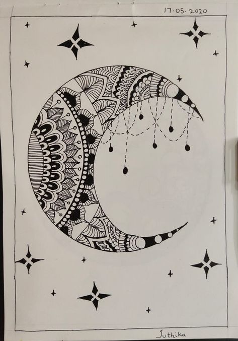 How To Draw Half Moon, Half Moon Sketch, Half Moon Drawing, Half Moon Mandala, Moon Mandala Art, Moon Zentangle, Half Moon Art, Mandala Work, Ramadan Calendar