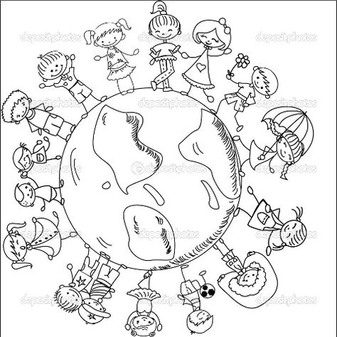 World Map Coloring Page, Free Printable World Map, Earth Day Coloring Pages, Children Holding Hands, Easter Egg Coloring Pages, World Thinking Day, Black And White Cartoon, Kids Around The World, Happy Children's Day