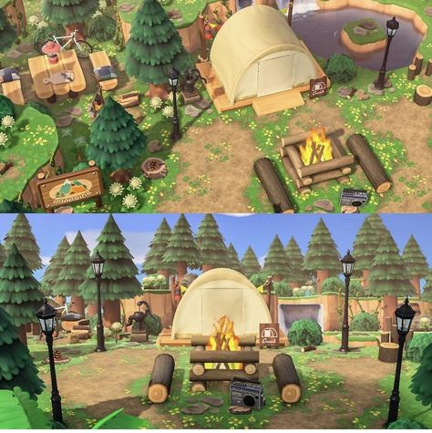 Animal Crossing Camp Ideas, Acnh Campfire Ideas, Camp Site Acnh, Acnh Forest Museum, Acnh Fossil Display, Animal Crossing Pergola Ideas, Pergola Acnh, Acnh Campground, Acnh Camping Site Ideas