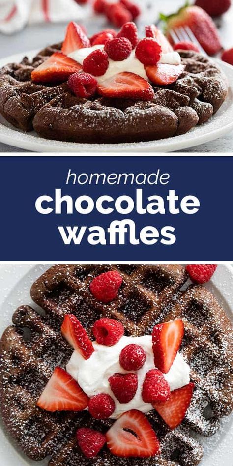 Irresistibly chocolaty and easy to make, these Chocolate Waffles filled with goodness and fluffy perfection. Perfect for the ultimate breakfast or even dessert - this is a great way to elevate your waffle game. Waffle Recipe For 2, Chocolate Waffle Recipe, Waffles Chocolate, Recipe For 2, Chocolate Waffles, Baked Oatmeal Recipes, Ultimate Breakfast, Waffle Recipe, Waffle Toppings