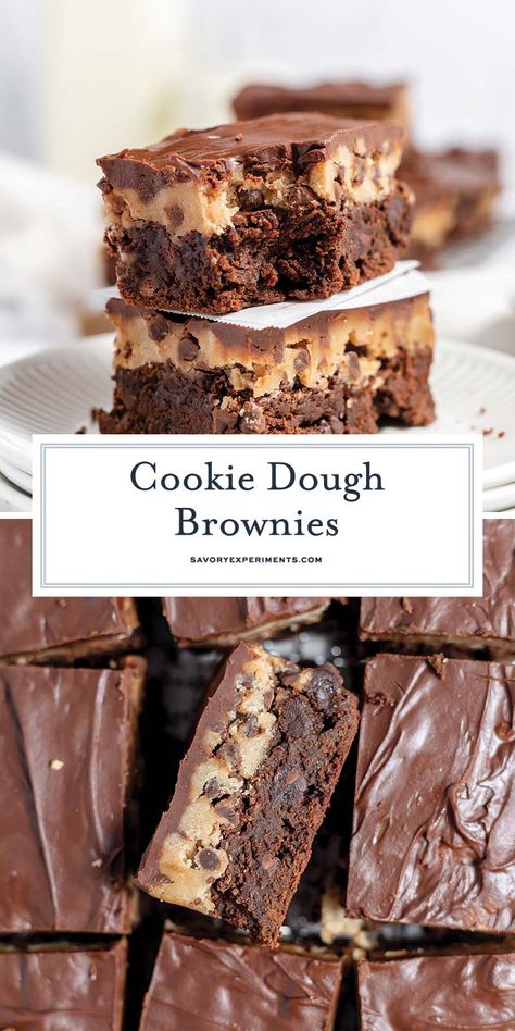 These incredible Cookie Dough Brownies combine irresistible cookie dough with rich chocolate brownies and a decadent chocolate topping! Cookie Dough Stuffed Brownies, Leftover Brownies Ideas, Brownie And Cookie Dough Recipe, Cookie Dough Brownies Recipe, Brownies With Toppings, Specialty Brownies, Fun Brownie Recipes, Light Desserts Recipes Healthy, Brownie Types