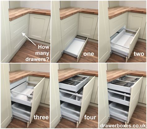 HOW MANY DRAWERS IN THIS 800MM WIDE BASE UNIT? You can make full use of all the space inside any kitchen base unit. Starting at floor level, there is a plinth pod. This under unit plinth drawer can be wade to any width to suit the space between the feet of any base unit. Next there are the two pan drawers of the original base unit. Finally we have added an internal shallow drawer in the space above the top pan drawer. These two additional drawers add a lot more storage space to this unit. Pan Drawer, Kitchen Storage Units, Kitchen Storage Hacks, Kitchen Drawer, Kitchen Cabinet Storage, Kitchen Drawers, Trendy Kitchen, Painting Kitchen Cabinets, Kitchen Layout