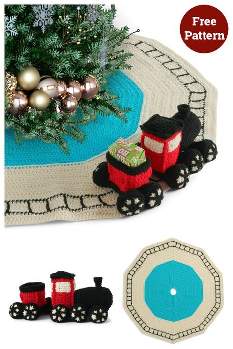 Train Track Tree Skirt Set Free Crochet Pattern Crochet Train, Christmas Tree Skirt Crochet Pattern, Crochet Tree Skirt, Childlike Wonder, Skirt Pattern Free, Crochet Tree, Crochet Christmas Trees, Crochet Plant, Yarn Thread