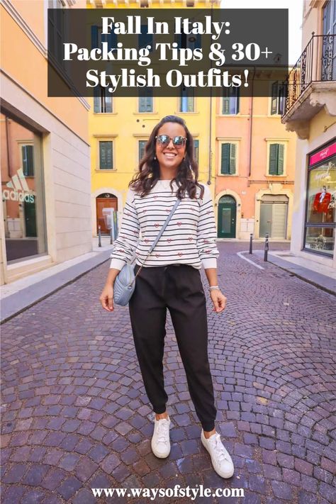 Planning a fall trip to Italy? I've got you covered! I spent 11 weeks in Italy from September to December, so I have all the regional weather tips, fall in Italy outfit ideas, and everything you need to know to pack for a comfortable and chic trip! Check out the blog for more details. #carryonpacking #fallfashion #italytravel #italyfalloutfits 2 Week Italy Packing List Fall, Casual Travel Outfit Fall, Travel Outfits For Italy In September, Italy Travel Outfit October, Outfits For Trip To Italy, Traveling To Italy Outfits, Clothes For Italy In September, Fall Italy Travel Outfits Women, Italy In March Outfits Women