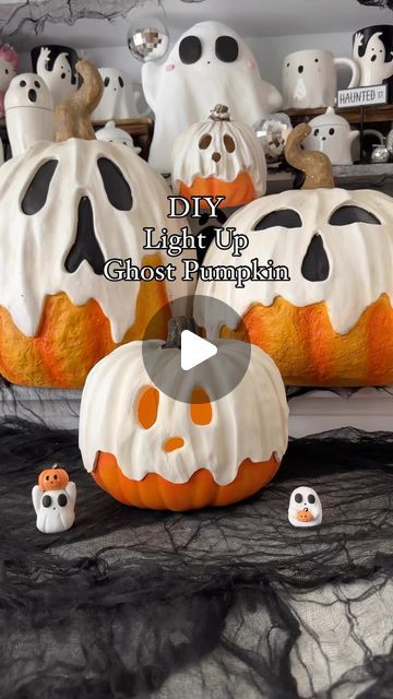 Intheworkplace on Instagram: "DIY light up Ghost Pumpkin! Part II! YouTube video coming Sunday, September 1st at 6:00pm PST! Start spooky season off with a fun activity! 👻🎃🖤 Tag me if you try it out! 

Supplies:
Carvable Pumpkins/Foam Pumpkins
Air dry clay
Rolling pin
Paint
Sanding paper

Instructions:
- Lightly sand (with proper ppe and in a well ventilated area your pumpkin, this will allow for the clay to stick better
- cut out pumpkin face
- roll out air dry clay, add water as needed but not too much; consistency should be almost playdough like!
- trace and cut out your sheet (make sure it’s a thick enough piece to be able to press inward for eyes and mouth)
- add clay and cut hole for pumpkin stem
- create your draping, how you want it to look and smooth it out using water (don’t u Pumpkins For Halloween Ideas, Foam Pumpkin Makeover, Diy Ghost Pumpkin, Diy Air Dry Clay Fall, Cute Halloween Air Dry Clay Ideas, Diy Air Dry Clay Halloween, Foam Pumpkins Crafts, Air Clay Pumpkin, Pumpkin Air Dry Clay