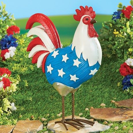 Patriotic Resin Rooster Figurine | Collections Etc. Rooster Sculpture, Rooster Garden, Rooster Statue, Rooster Kitchen Decor, 4 Th Of July, Garden Fence Art, 4th Of July Party Ideas, Resin Product, Metal Rooster