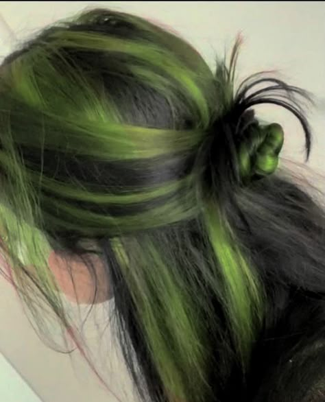 Aesthetic Hair Green, Muted Green Hair Color, Like Green And Black Hair, Green Under Dye Hair, Green And Black Scene Hair, Green Underside Hair, Green Streaked Hair, Short Hair With Green Highlights, Green Hair Streaks Highlights