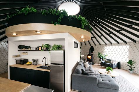 Building A Yurt, Portland Apartment, Yurt Home, Yurt Living, Black Kitchen Cabinets, Sleeping Loft, Camper Life, Bedroom Loft, Modern Diy