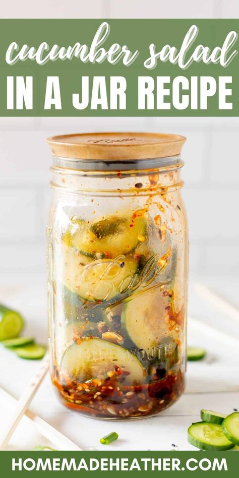 Try this TikTok inspire d Cucumber Salad in a Jar. It's a refreshing, crisp twist on a classic cucumber salad. Viral Cucumber Salad In A Jar, Cucumber In A Jar Recipes, Mason Jar Cucumber Salad, Cucumber Tiktok Salad, Tick Tock Cucumber Salad, Cucumber Jar Salad, Cucumber Mason Jar Salad, Tiktok Cucumber, Cucumber Salad In A Jar