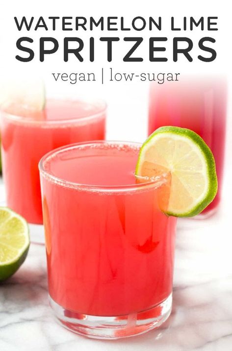 These Watermelon Lime Spritzers are the perfect healthy cocktail recipe for a summer day. Made with vodka, seltzer, they're vegan, naturally gluten-free + low sugar! #healthycocktail #spritzerrecipe #summerdrinks #summercocktail #watermelon Simply Watermelon Juice Cocktail, Low Sugar Summer Cocktails, Gluten Free Cocktails, Healthy Cocktail Recipes, Easy Detox Drinks, Vegan Cocktails, Spritzer Recipes, Healthy Beverages, Alcohol Beverages