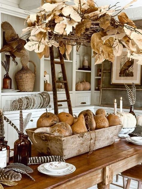 Inspirational Farmhouse Pictures Large Island Fall Decor, Fall Decor For Buffet Table, Fall Hutch Decor Ideas, Decorating With Gourds, Muted Fall Decor, Cottage Halloween Decor, Liz Marie Galvan, Fall Dining Room Table Decor, Fall Dining Room Decor