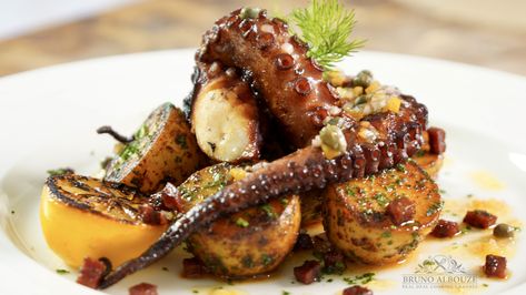 Grilled Spanish Octopus #featuredrecipe #grilledoctopus #grilledseafood #octo #octopus #pieuvre #seafood #spanishoctopus #spicerub Octopus Plating Ideas, Octopus Plating Food, Grilled Octopus Recipe Spanish, Bruno Albouze Recipes, Octopus Plating, Spanish Octopus Recipe, Octopus Appetizer, Chorizo Seasoning, Octopus Dishes