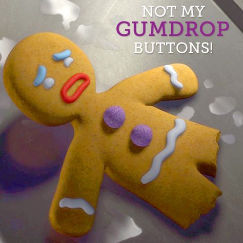 Not the gumdrop buttons! #gingy #shrek #dreamworks Not My Gumdrop Buttons, Gingie Shrek, The Muffin Man Shrek, Gingy Shrek, Shrek Gingy, Gingerbread Man Shrek, Shrek Christmas, Shrek Musical, Film Tattoo