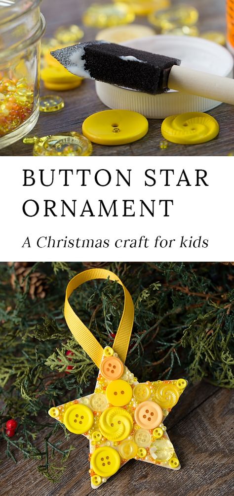 Just in time for Christmas, learn how to make a colorful DIY button star ornament with a wooden star, yellow buttons, and glue. This easy holiday craft for kids is perfect for home or school! #christmas #ornament #kids Star Yellow, Easy Holidays Crafts, Christmas Crafts For Kids To Make, Kids Christmas Ornaments, Holiday Crafts For Kids, Holiday Craft, Preschool Christmas, Easy Christmas Crafts, Crafts For Kids To Make