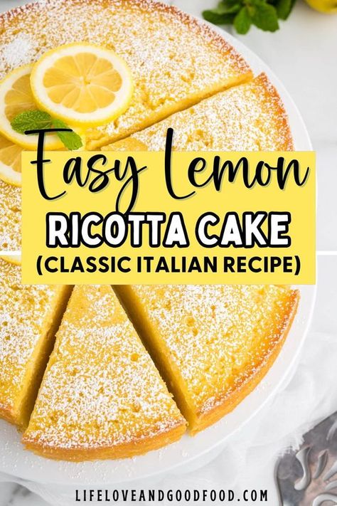 Lemon Ricotta Cake is an Italian dessert with refreshing citrus notes, a light, fluffy texture, and ricotta cheese to keep it rich and moist. It’s much like a classic lemon cake, but a little less sweet and far more flavorful! This unique cake recipe may sound intimidating. However, it is super easy to make and uses just a few basic ingredients. Italian Ricotta Cake, Italian Cakes Traditional, Italian Lemon Ricotta Cake, Ricotta Recipes Dessert, Lemon Ricotta Cake Recipes, Ricotta Dessert, Ricotta Cake Recipes, Lemon Ricotta Cake, Ricotta Cheese Recipes