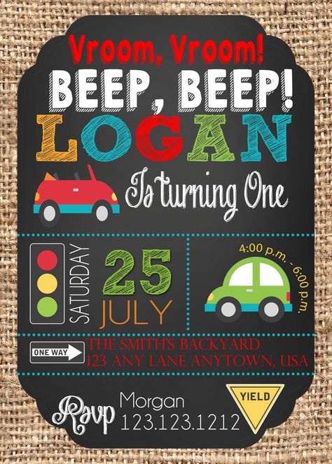 Cute little cars birthday invitation Transportation Invitation, 1st Birthday Boy Themes, Transportation Birthday Party, Transportation Birthday, Cars Birthday Invitations, Car Birthday Theme, Race Car Birthday Party, Second Birthday Ideas, Cars Theme Birthday Party