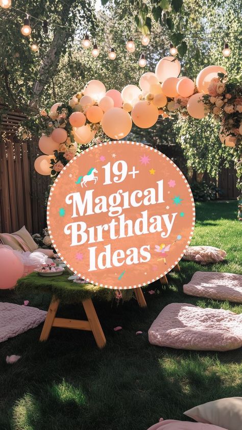 A magical outdoor birthday setup featuring a moss-covered table with floral accents, a pink balloon arch, and cozy seating cushions under string lights in a lush garden. No Theme Birthday Party Girl, Girl Toddler Birthday Party Ideas, Unique 3rd Birthday Party Ideas Girl, Second Bday Party Ideas Girl, Third Birthday Ideas For Girl, First Birthday Outdoor Party, Outdoor 1st Birthday Party Decorations, Outdoor Girls Birthday Party, Toddler Girl Birthday Themes