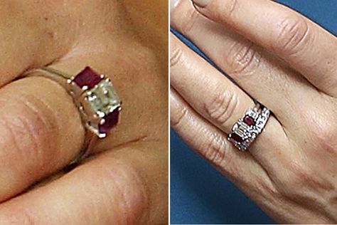 Princess Mary of Denmark Crown Princess Mary of Denmark's elaborate ruby cut diamond engagement ring matches the national colours of Denmark, and was presented to her by Prince Frederik of Denmark when he proposed in autumn 2003. The stunning piece features an emerald-cut diamond with two emerald-cut rubies on either side. The royal later added another smaller diamond next to each of the rubies. Princess Mary Ring, Princess Mary Jewelry, Crown Princess Mary Of Denmark, Meghan Markle Jewelry, Diamond And Ruby Engagement Rings, Ruby And Diamond Ring, Ruby Rings, Meghan Markle Engagement Ring, Diamond Headpiece